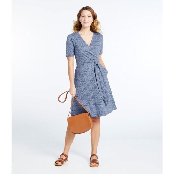 NWT LL Bean Cotton Tencel Slub Dress Elbow Sleeve Navy Blue Medium *No Belt* - Picture 2 of 9